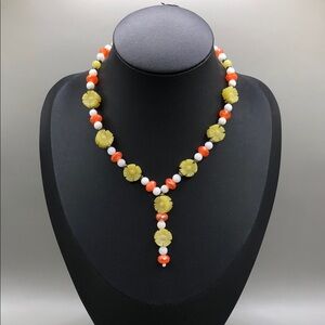 Carved flower stone mop crystal beads collar choker Y necklace sterling silver